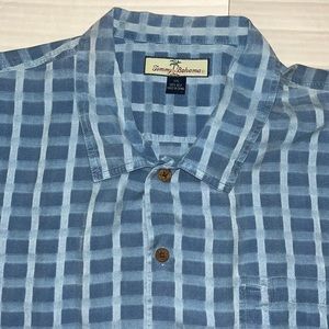 Tommy Bahama Mens XXL 100% Silk Blue Plaid Short Sleeve Hidden Button Down